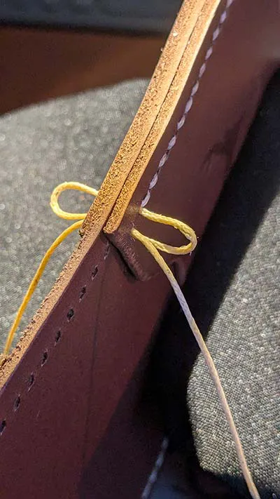 Slim brown leather pouch with tools inside, held open in front of a plant